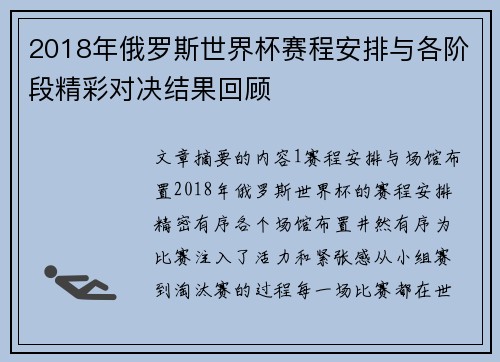 2018年俄罗斯世界杯赛程安排与各阶段精彩对决结果回顾