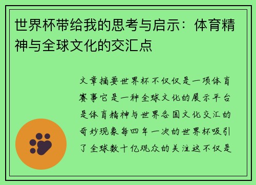 世界杯带给我的思考与启示：体育精神与全球文化的交汇点