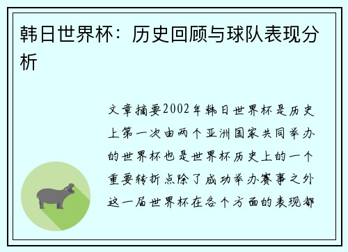 韩日世界杯：历史回顾与球队表现分析